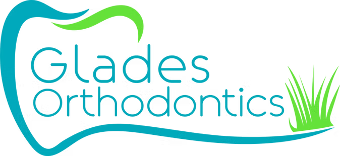 The image displays a logo with text that reads GLADES ORTHODONTICS and includes a graphic element resembling a stylized plant, accompanied by the tagline Glares Orthodontics in a playful font style.