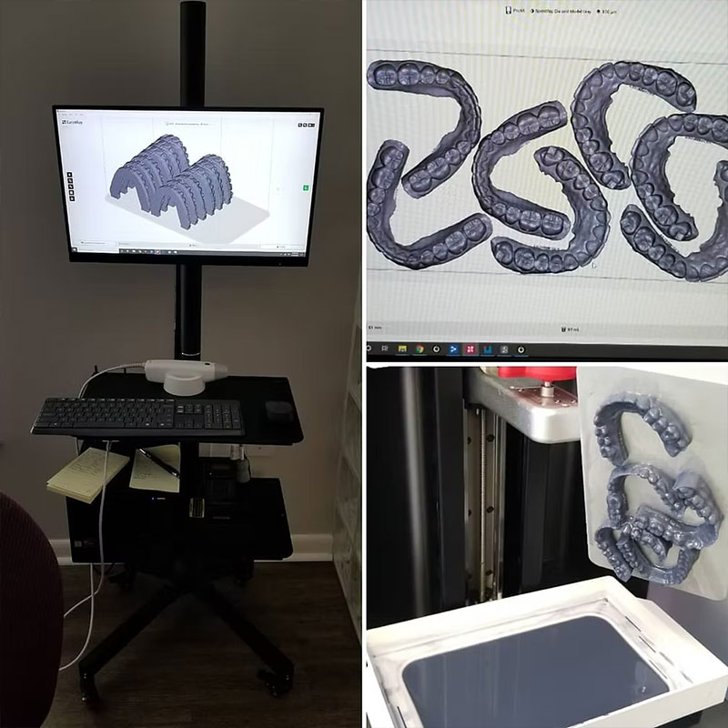 The image shows a 3D printer with a partially printed object, a computer monitor displaying a design of a complex shape, and a keyboard on a desk.